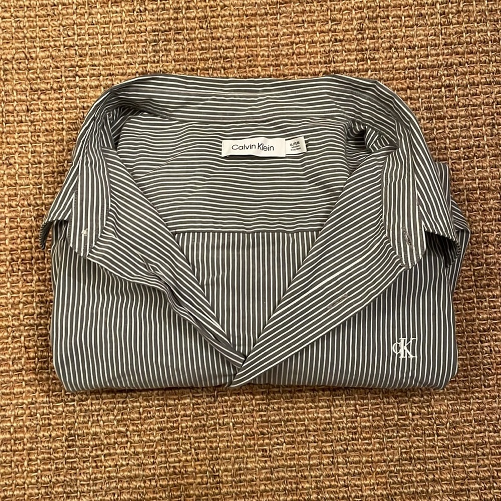 Calvin Klein XL Gray and White striped button down dress shirt